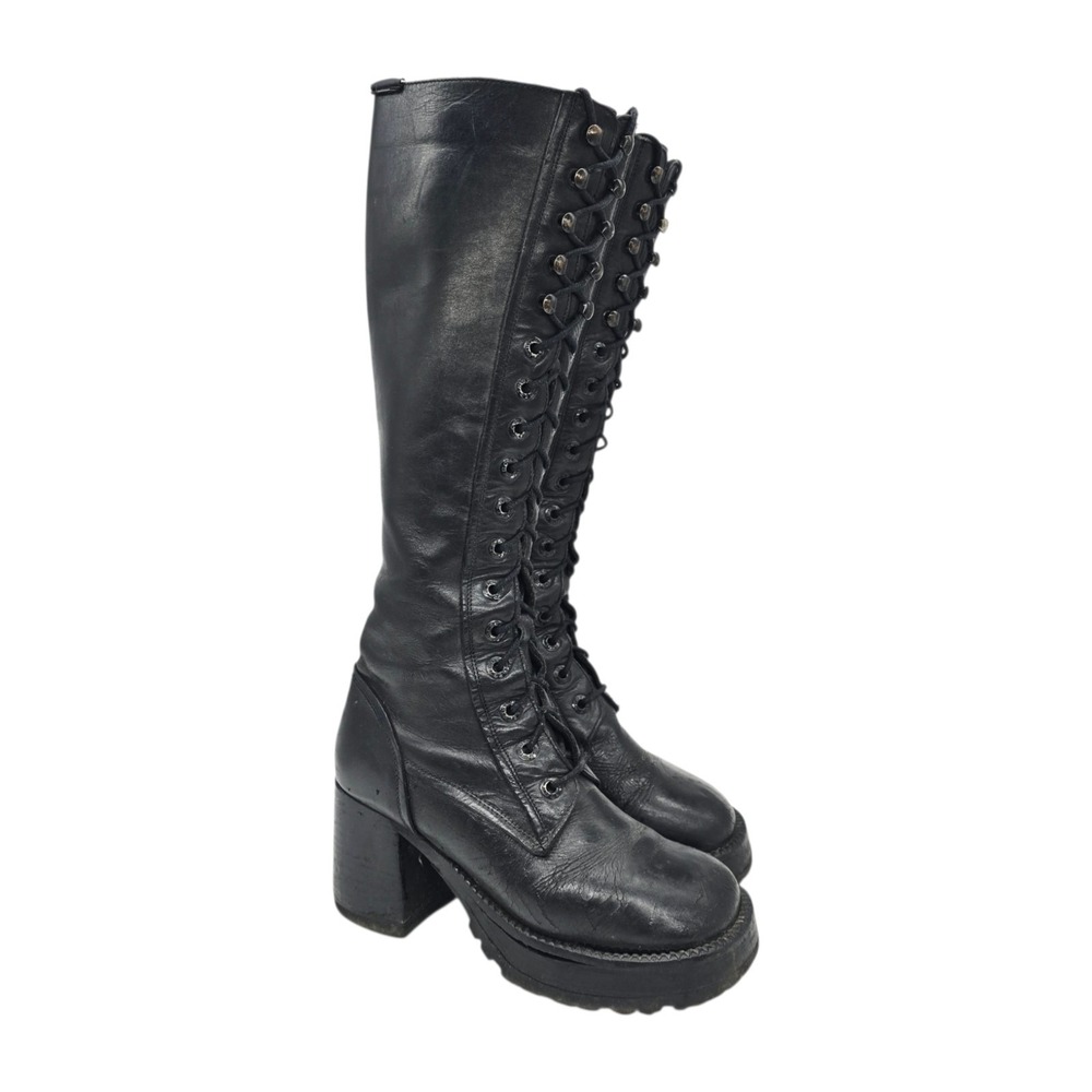 Vintage Destroy Platform Boots Women's 7 Black Lace Up Zip Chunky Heeled Leather
